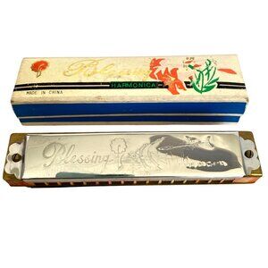 Blessing 16 Hole Tremolo Harmonica Etched Fish Design Original Box Works Vintage